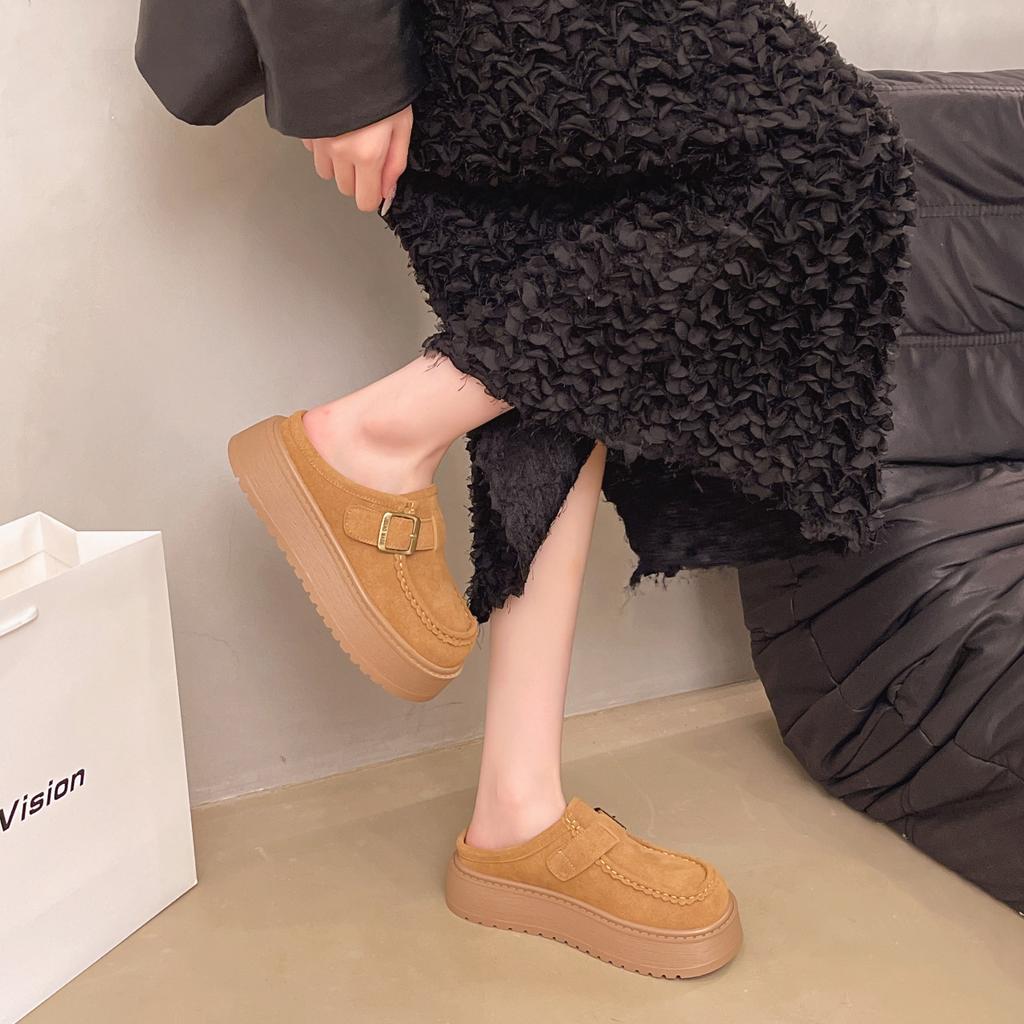 Retro Casual Muffin Sole Single Shoes Women's Spring Buckle British Versatile Fashion Platform Slippers One Pedal Loafers