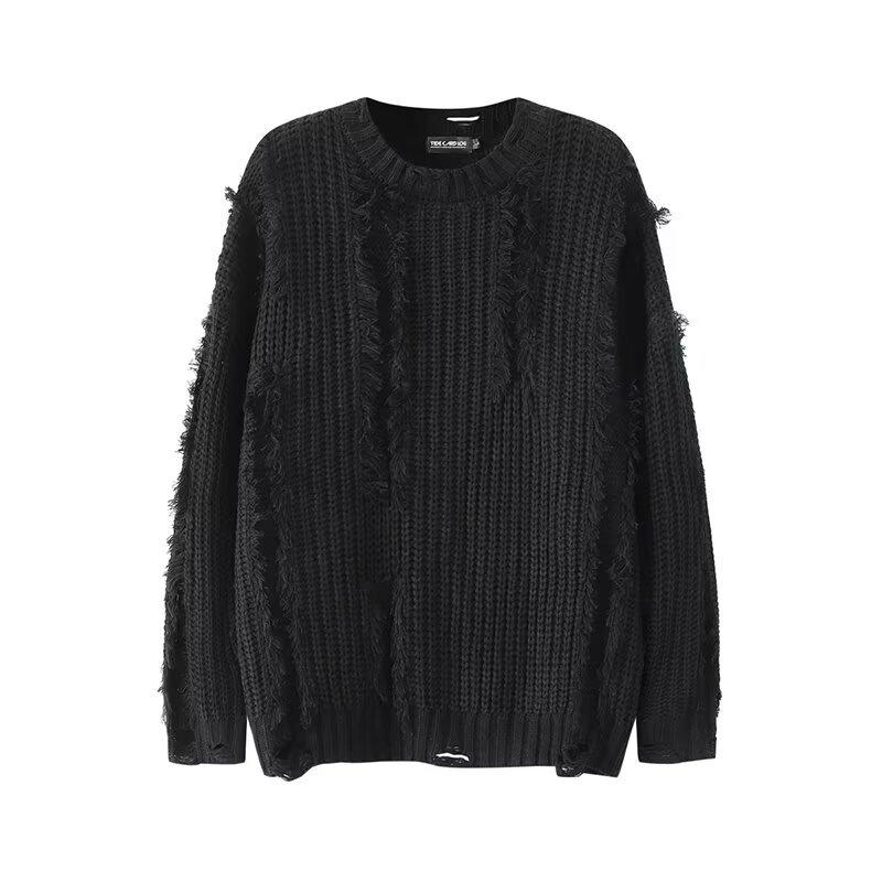 Ripped Tassel Crew Neck Sweater Men s Autumn and Winter American Trendy Brand Niche High Street Lazy Loose Casual Knitted Sweater M чёрный