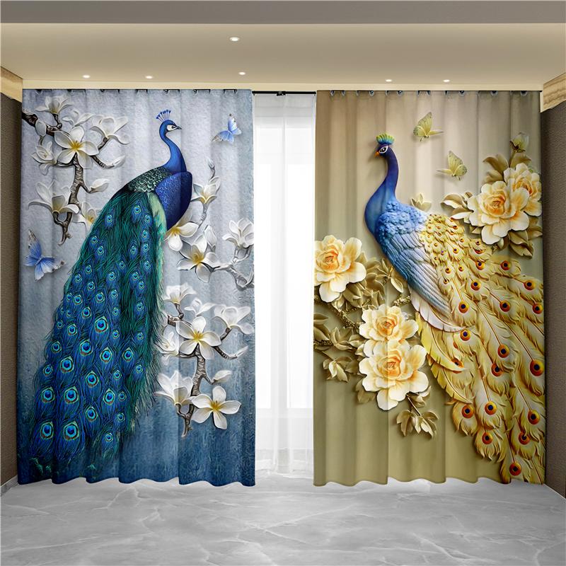 Nowy Chiński Styl Tuszowy Pejzaż Malarstwo Kwiatowe Paw Feniks Zasłona Okno od Podłogi do Sufitu Salon Tkanina Zaciemniająca Zasłona