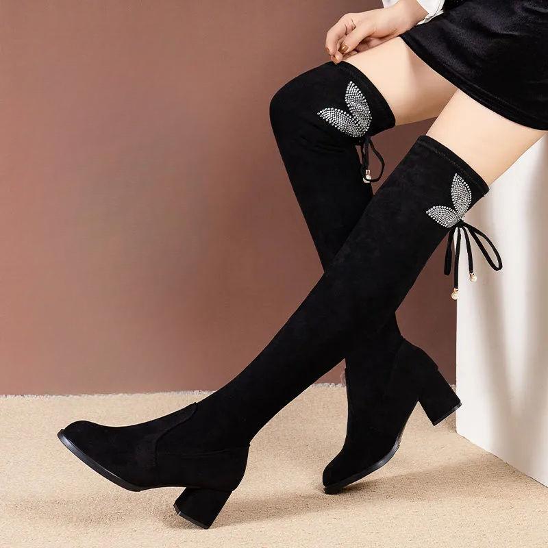 Footwear Thigh High Women's Boots Rhinestone Heels Shoes for Woman Elegant Heeled Above Over The Knee Fashion 2024 New in Sale