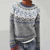 Women Sweater O-Neck Long Sleeve Geometric Pattern Patchwork Color Knitting Tops Loose Fit Crochet Tops