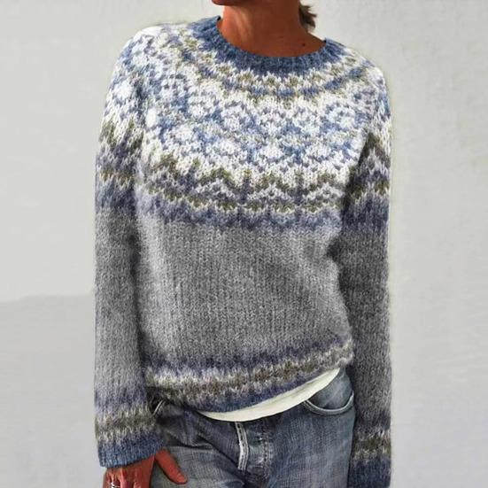 Women Sweater O-Neck Long Sleeve Geometric Pattern Patchwork Color Knitting Tops Loose Fit Crochet Tops