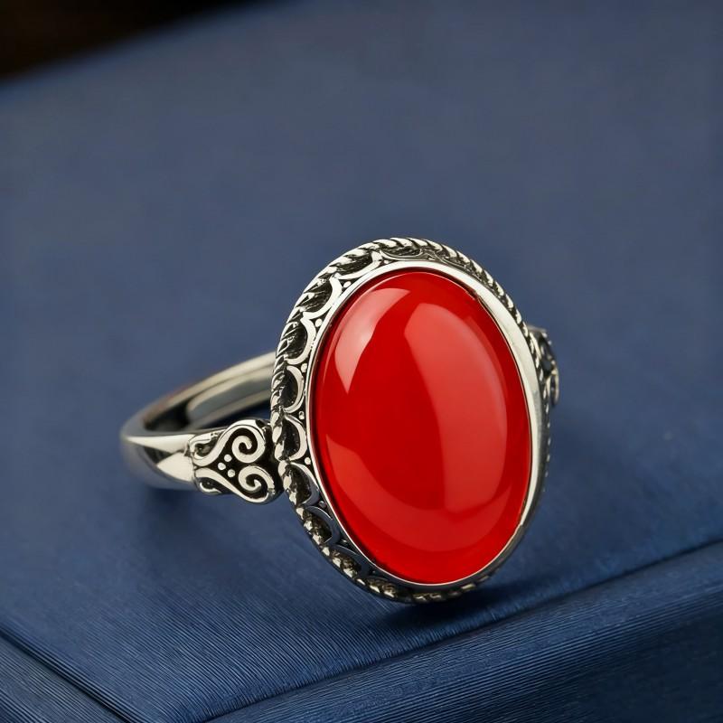 Adjustable Vintage Oxidized Red Agate Ring Women Men Boho Chic Open Finger With Heart Oval Design Adjustable Open Band