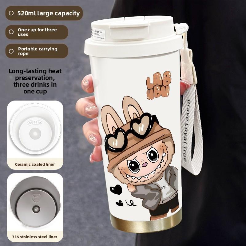 

Милая чашка-термос большой вместимости, высокая ценность, чашка для воды из нержавеющей стали 316, портативная веревка, чашка для кофе 520ml