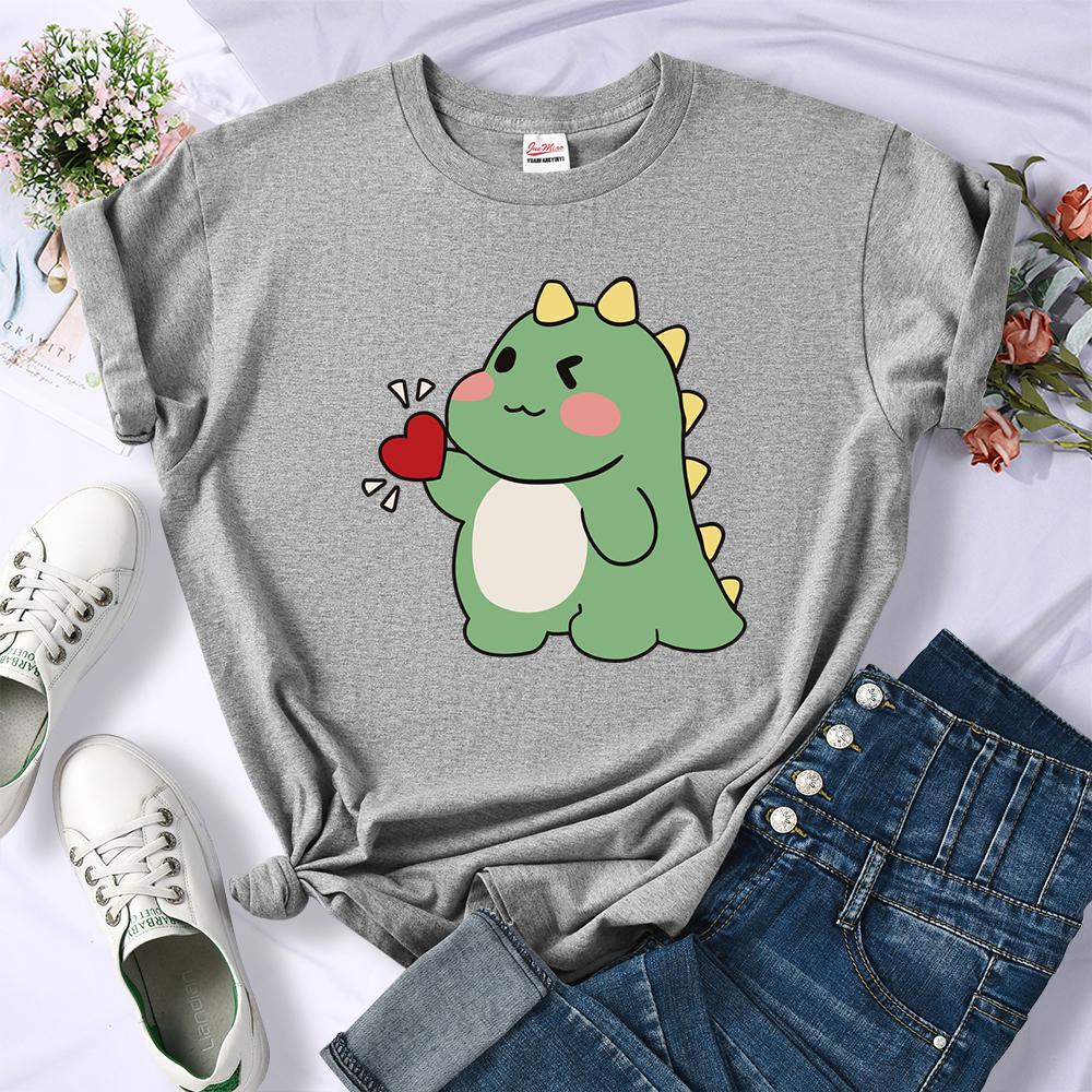 Cute Little Dinosaur Confesses Love Printing Tops Womens Soft Street T-Shirts Sport Hip Hop Tees Clothing Casual Short Sleeve