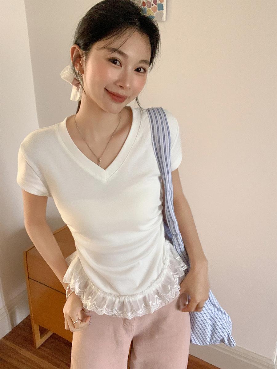 

Sweet hem lace splicing short-sleeved front shoulder T-shirt women s summer slim-fit pleated waist design top S белый