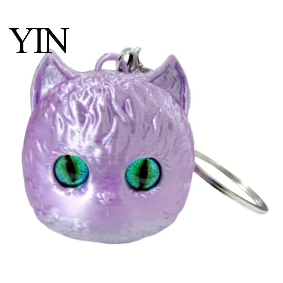 Cat Shaped Ornament 3D Printed Head Keychain, Cute Kawaii Kitten Bag Charm with Pearlescent Finish & Bright Playful Decoration Green Eyes, Lightweight
