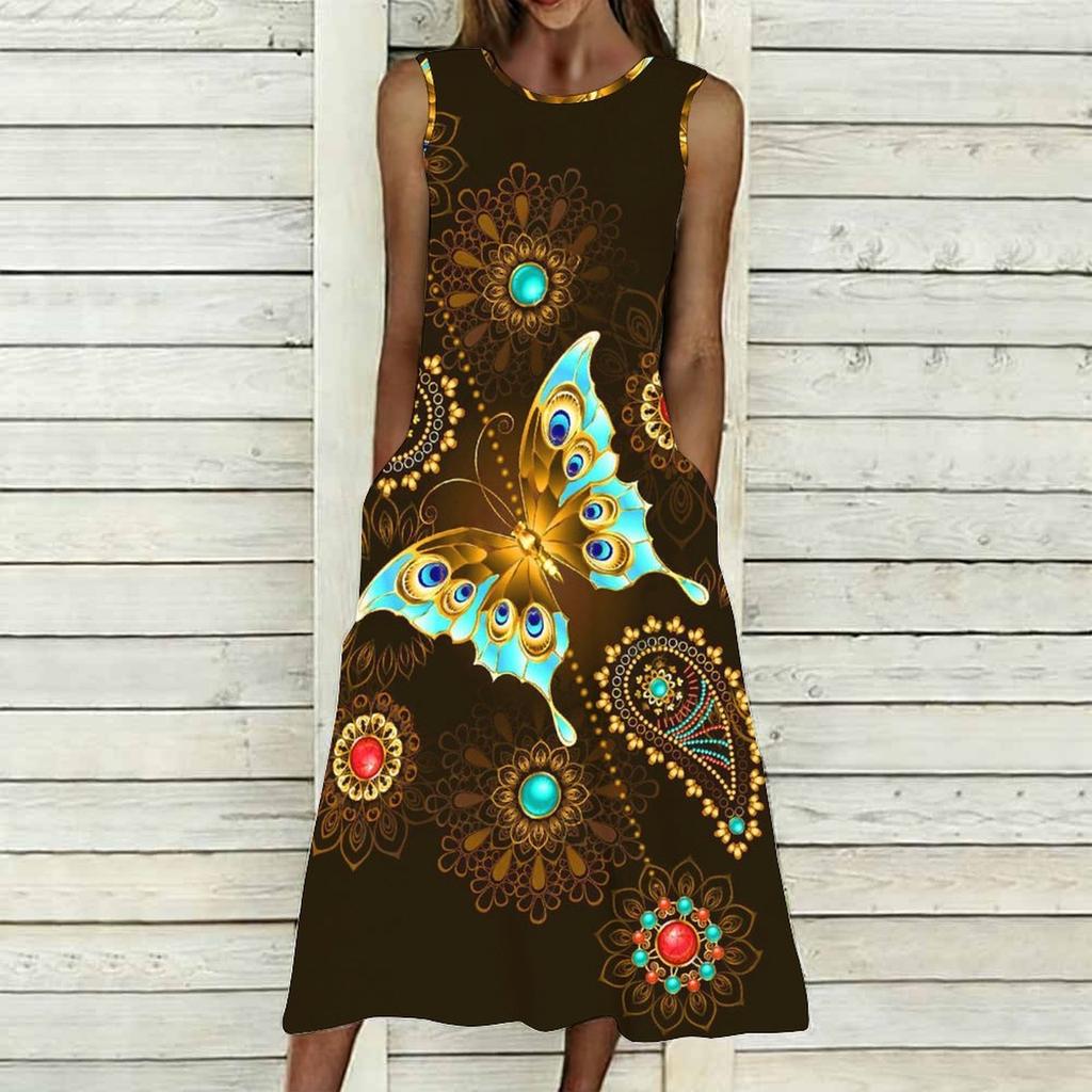 Oversized Sleeveless Round Neck Dress Elegant Clustered Floral Print Knee Length Flowy Dress