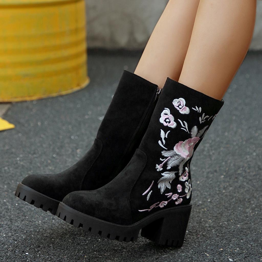 Fashion Autumn Women's High-heeled Ankle Boots Fashion Platform Chunky Heels Riding Boots Embroidered Flannel Booties Thick-soled Shoes