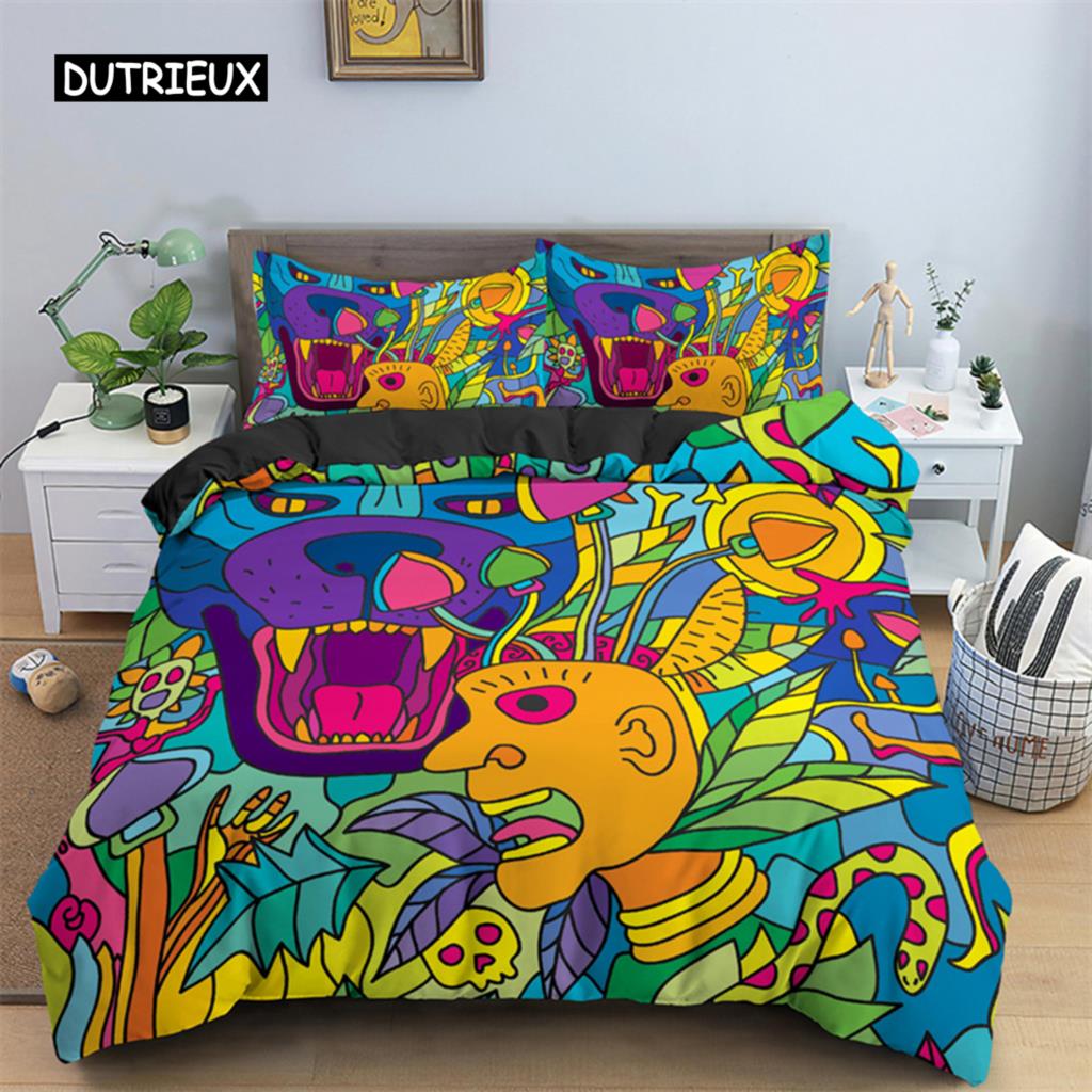 Abstrakte menschliche Gesichter Bettbezug Twin Full King Double Mikrofaser Mystische Kunstwerk Bettbezug Psychedelische Graffiti Bettwäscheset
