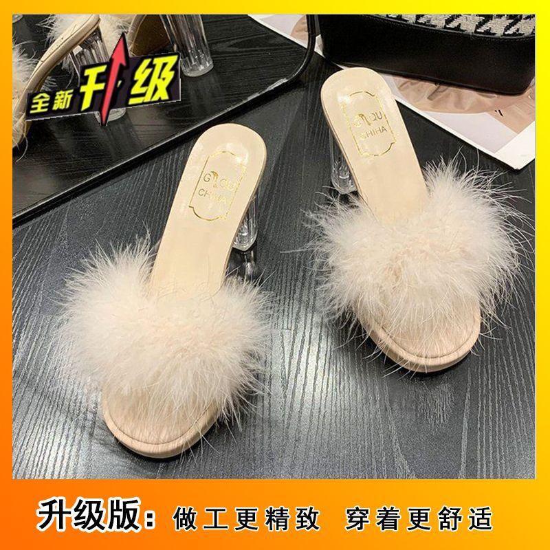 

Transparent word with crystal heel thick heel sandals women s autumn new waterproof table Mao Mao slippers super high heels 42