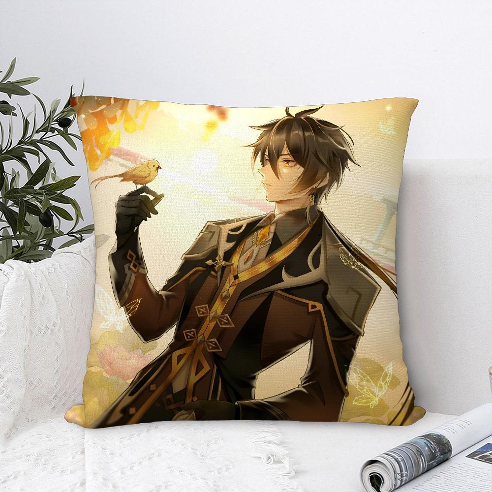 Zhongli Genshin Impact Pillow Case Sofa Decorative Home Double-Sided Printing Short Plush Cushion Cover Throw Pillow Cover