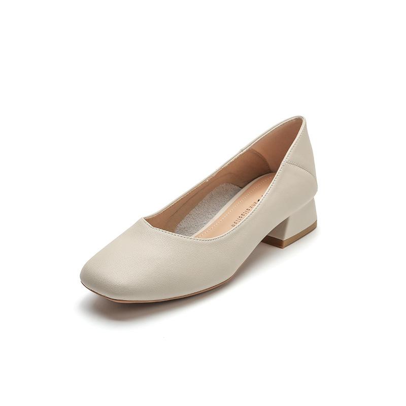 8-0 thick heel grandma shoes new Korean version square head shallow mouth middle heel soft leather commuting comfortable versatile single shoes women