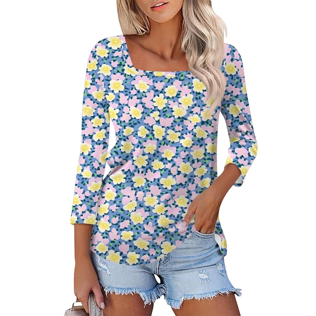 Women's T Shirt Tee Print 3/4 Sleeve Daily Weekend Fashion Basic Square Neck  Regular Top