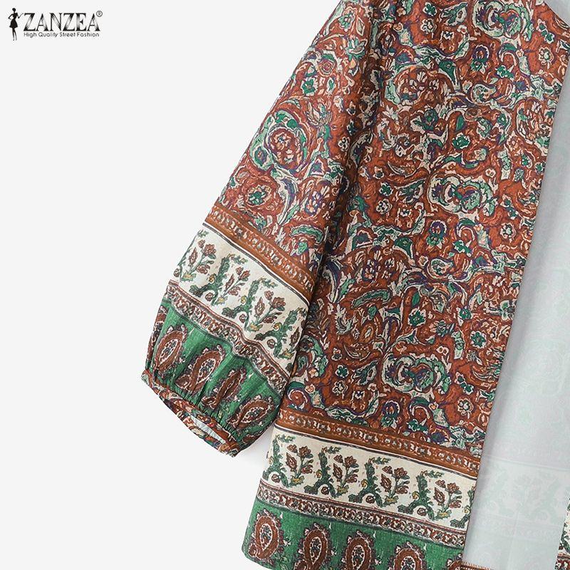 ZANZEA Boho-Print Damen Lässig Offen Vorne 3/4 Ärmel Locker Überwurf Bluse