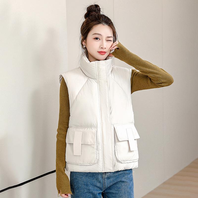 

Хлопковый жилет женский короткий срез большого размера осень и зима свободный воротник-стойка жилет L бежевый