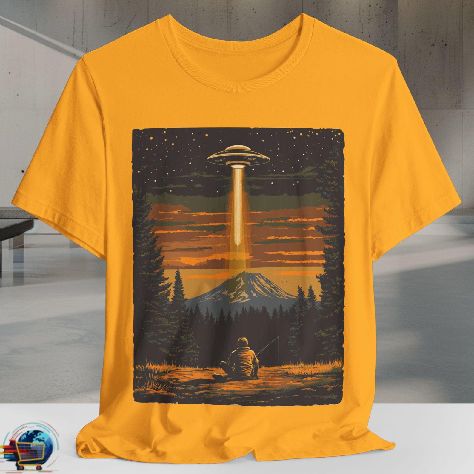 UFO Alien Spaceship Shirt | Retro Sunset Space Ship Graphic Tee | Mountain Forest UFO Sighting | Bella Canvas S to 3XL M