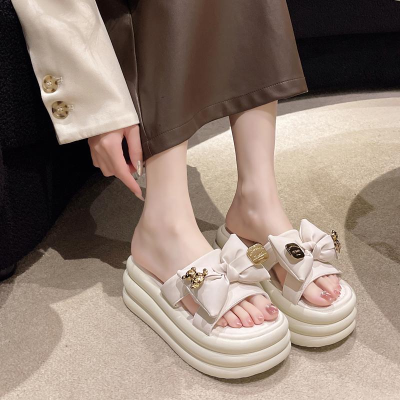 Fashion 7CM Platform Slippers Women Sandal 2024 New Summer Flat Slippers Women Bow Leather Beach Shoes Summer Footwear for Woman