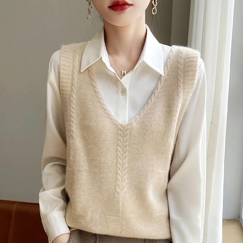 Women's New Spliced Pullover V-neck Fashionable Solid Color Versatile Casual Loose Sleeveless Vest Top