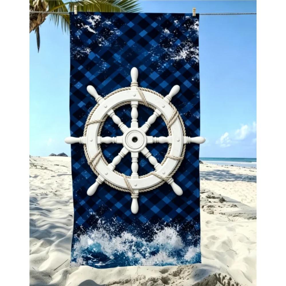 Nautical Anchor Beach Towel, Microfiber Large Sand Free Quick Dry, Navy Plaid Ocean Design, Soft Absorbent Bt21 Beach Towel