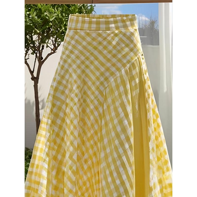Spring Summer Skirt Dopamine Yellow Waist Plaid Design Long Skirt for Women