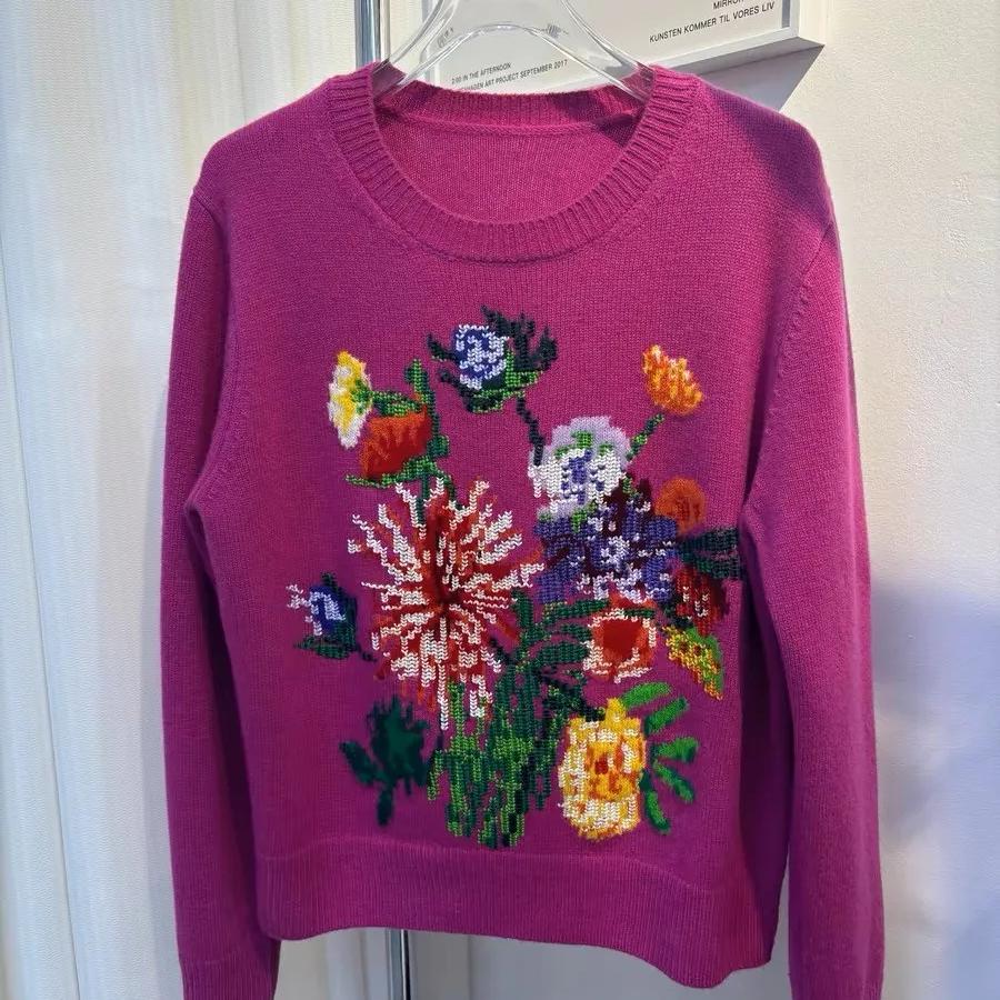 

Жаккардовые женские свитера с цветочной вышивкой, весна 2025, стильные, элегантные, свободные, трикотажные, с длинным рукавом, с круглым вырезом, женские джемперы One Size розовый