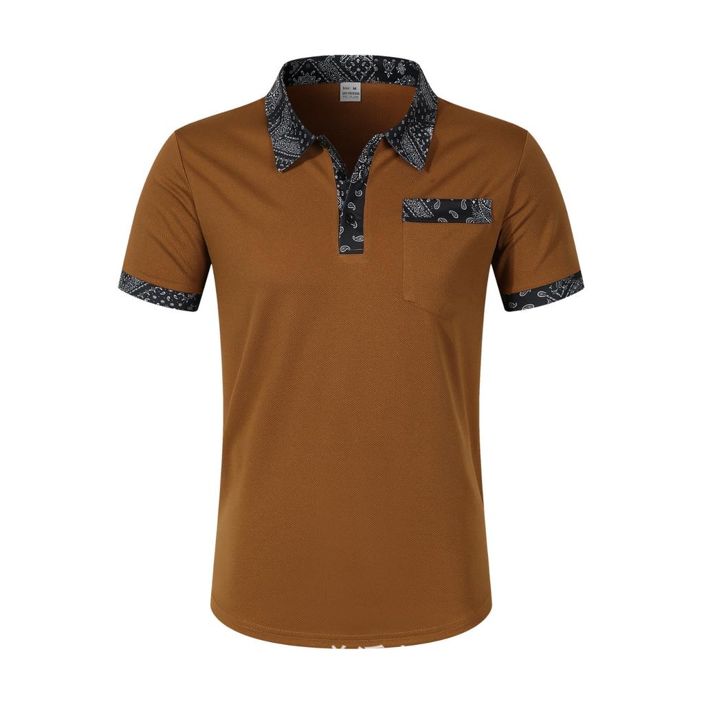 Men's Fashion Collar Print  Loose Polo Shirts Short Sleeve Turn-down  Solid Color Simple T-shirt Top