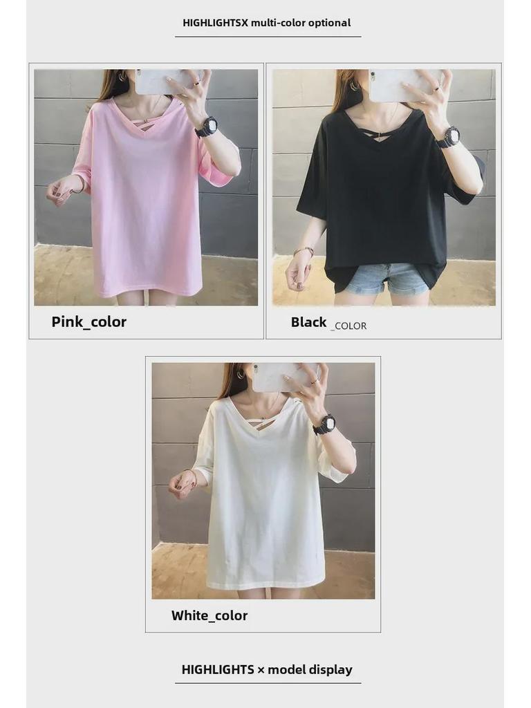 Korean Style Plus Size V-Neck Women's T-Shirt - Summer 2024 Trendy, Slimming, Solid Color, Short Sleeve Top
