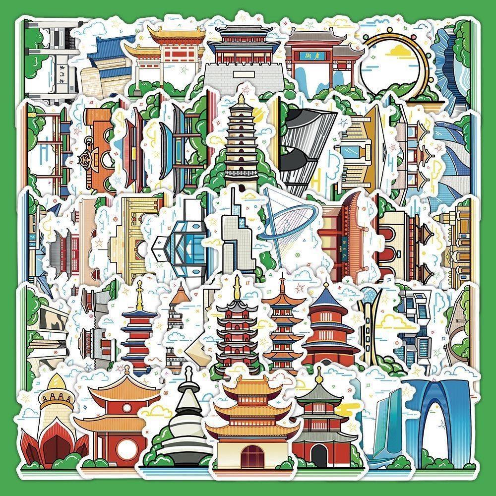 1set Famous City Architecture Stickers Creative Graffiti Decoration Cartoon DIY Landmarks Handbooks Self Adhesive Stickers