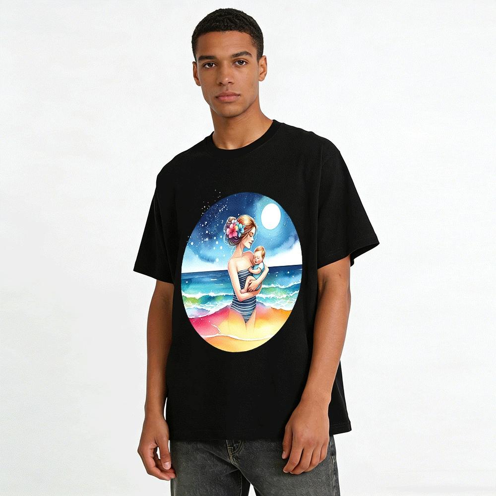 Moonlit Beach Mother And Baby Embrace Print Casual Top Pure cotton T-shirt