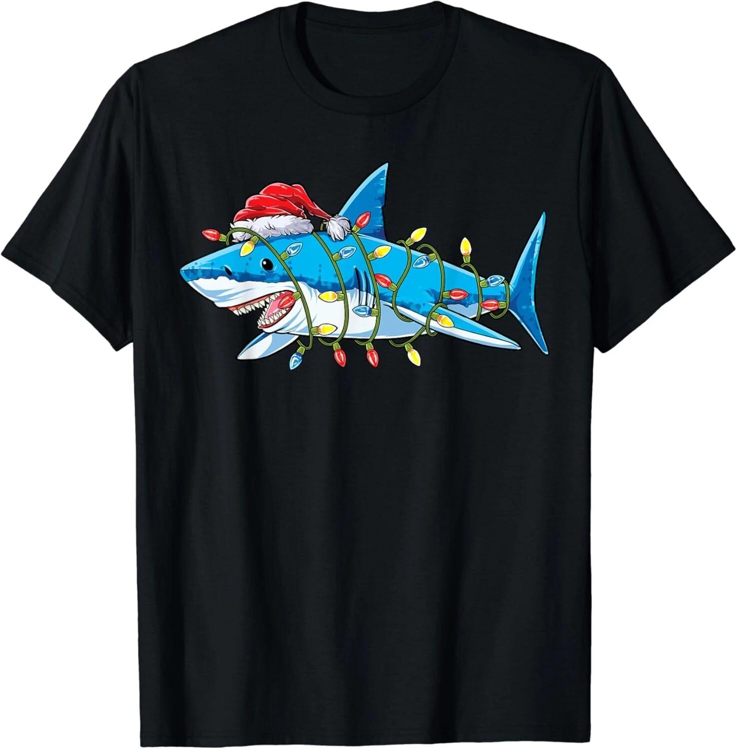 Santa Shark Christmas Lights Sharkmas Tree Xmas Boys Men Gift Unisex T-Shirt S
