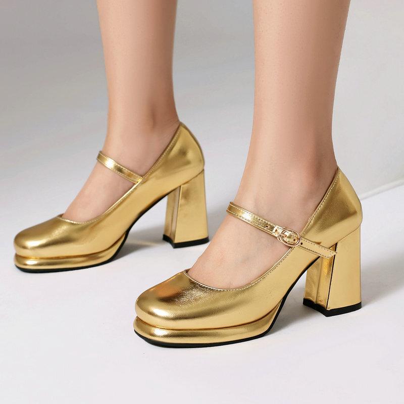 Mary Jane Women's Single Shoes Gold Silver Square Head Platform Thick Heel High Heel One-word Buckle High Heel Women's Shoes Casual Women's Shoes