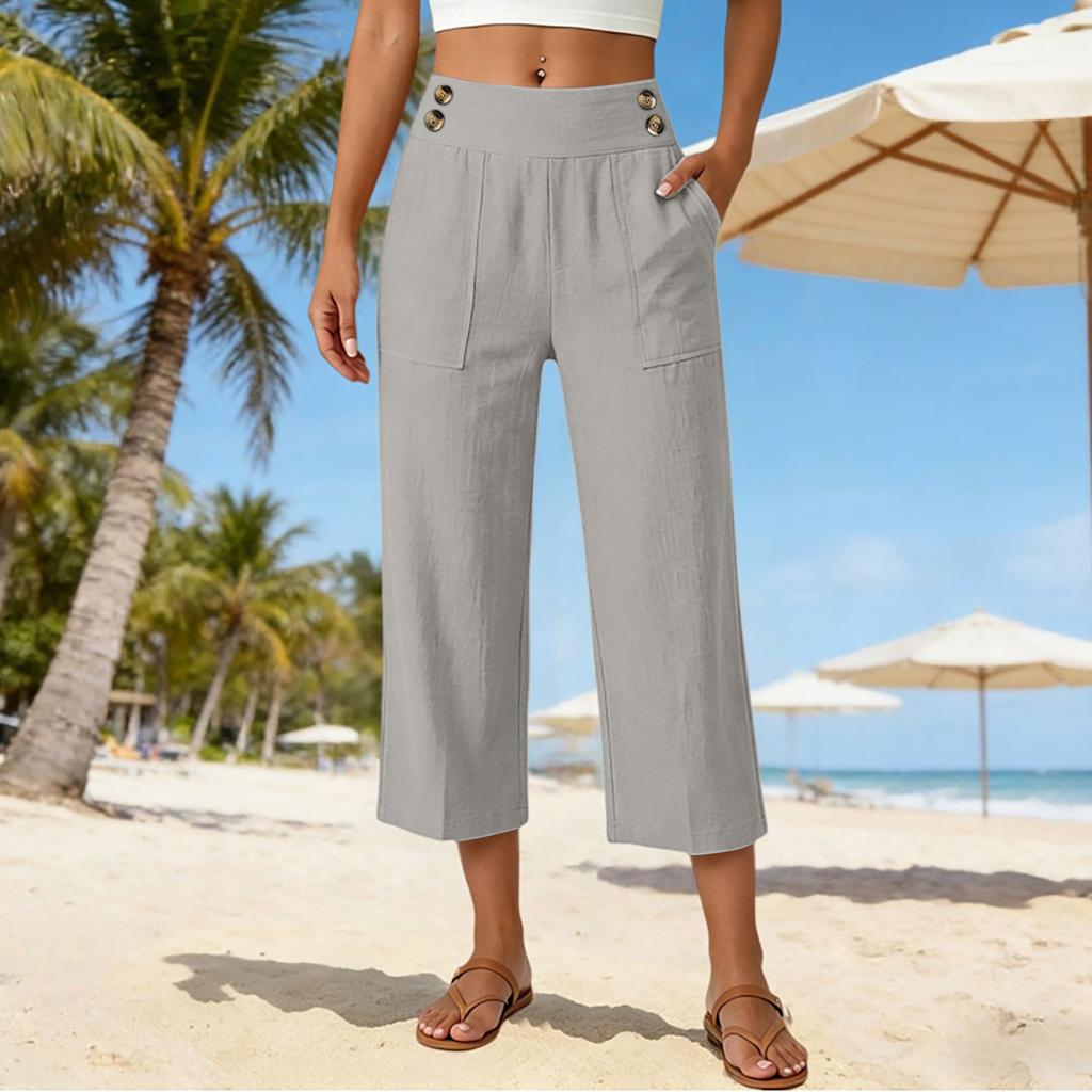 Women's Loose Fit Solid Color Straight Leg Elastic Waist Beach Capris Casual Pants with Button Detail and Side Pockets