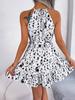 Women Casual Leopard Print Halter Ruffle Big Hem A Line Short Dress