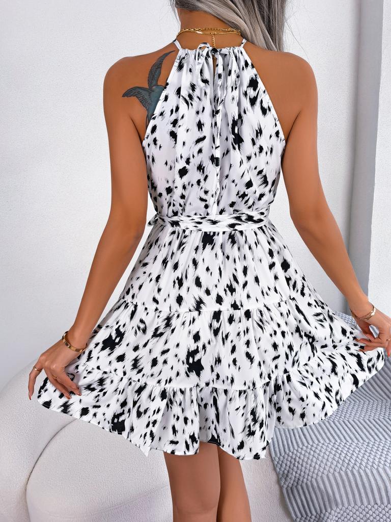 Women Casual Leopard Print Halter Ruffle Big Hem A Line Short Dress