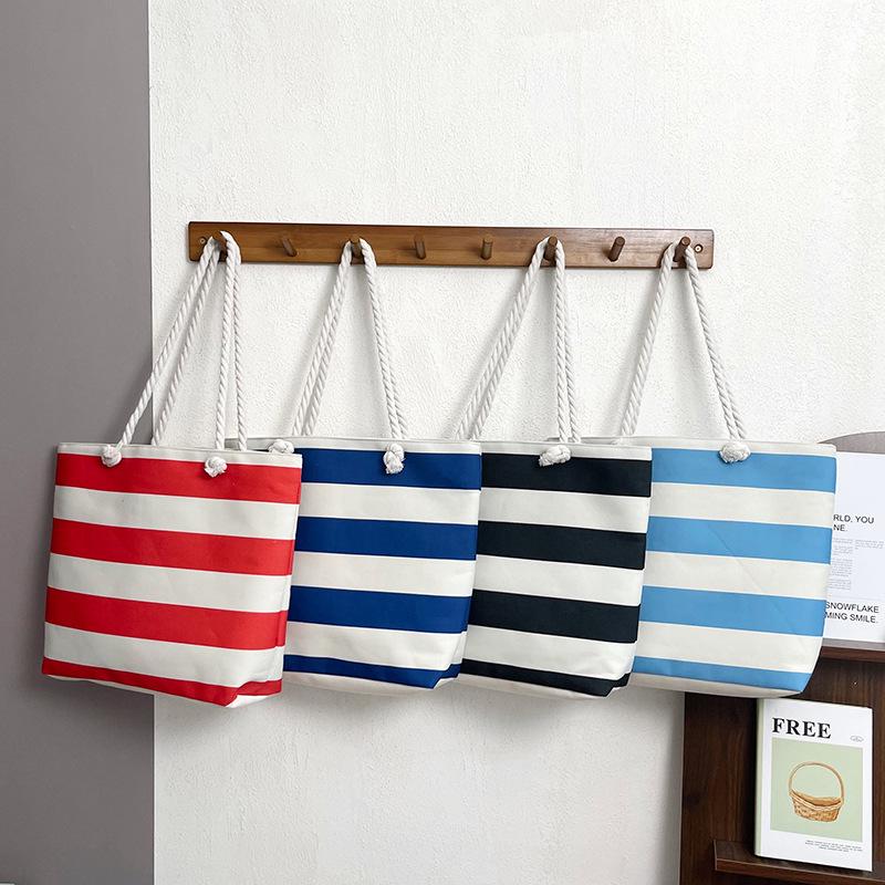 Chic Striped Canvas Tote Bag - Large Capacity for Shopping & Beach