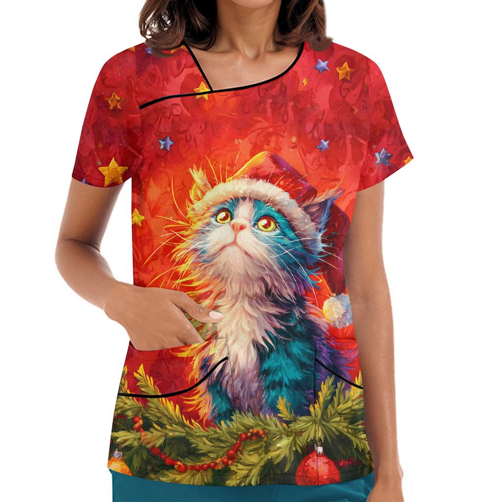 Women's Printed Work Clothes, Sloping Collar And Double Layer Pockets, Basic Top Pullover