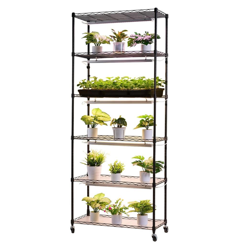 Plant Shelf with Grow Light, 6-Tier Indoor Plant Stand, 180cm Tall Plants Display Rack with Wheels & 4/9/14H Timer, 150W 3-Color Full Spectrum Grow