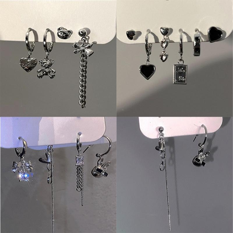 Set de Pendientes Retro Color Plata Envejecida Metal Borla Cadena Pendiente Irregular Geométrico Pendientes de Aro para Mujer Chica