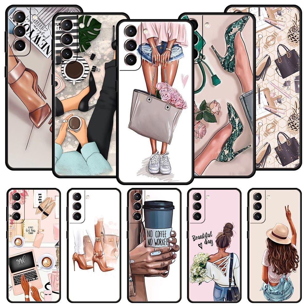 Mode High Heels Mädchen Frau Handyhülle Für Samsung Galaxy S26 Ultra S25 Plus S24 FE S23 S22 5G S21 S20 Hülle Schwarz Weich