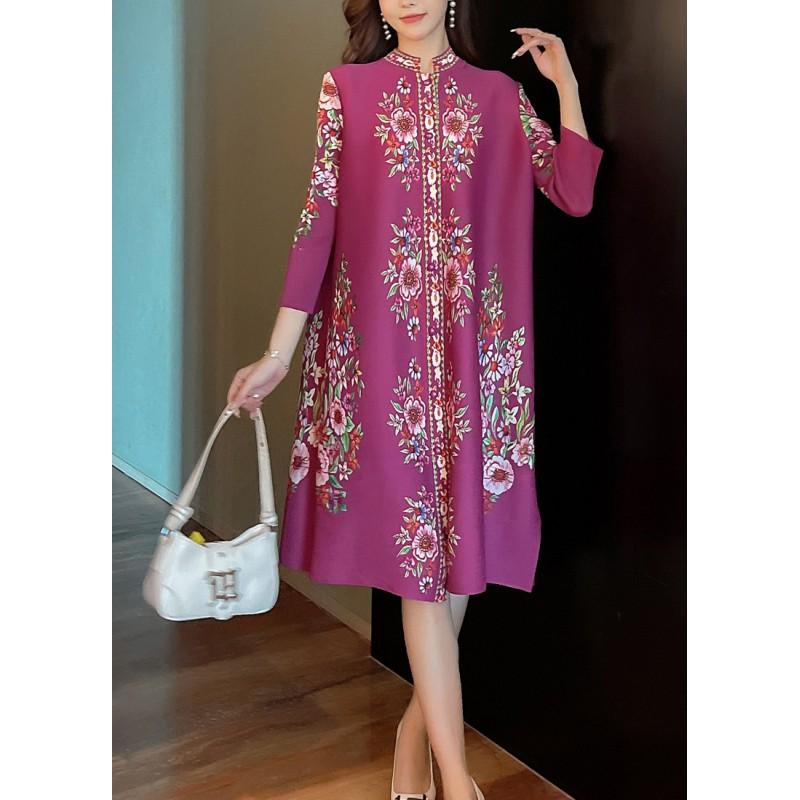 Womens Elegant Pleated Midi Dress With Floral Print Loose Fit Stand Collar Single Button Front Plus Size Friendly