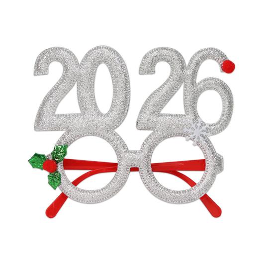 2026 Nyttårsfest Briller Lett Rød Glitter Brilleinnfatning med Snøfnugg Kristtorn Dekorasjon Festlig Paljett Hårbøyle