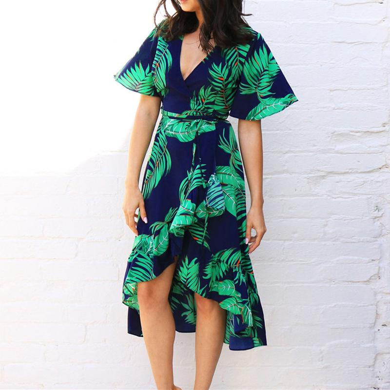 WTEMPO New Arrival 2019 Chiffon Summer Dress Sexy V Neck Print Short Sleeve Beach Dress Irregular Sa