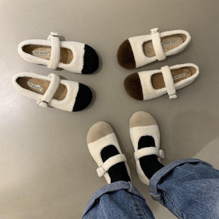 Móda Pravá Králičí Kožešina Teplé Baleríny Dámské Korejské Mokasíny s Přezkou Útulné Kulaté Špičky Zimní Plyšové Sněhule Protiskluzové Mokasíny