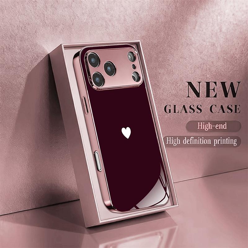 Red Background Love Pattern Metallic Tempered Glass Phone Case For iPhone 17 16 15 14 13 12 11 18 Pro Max Plus 17 Air 17E Cover
