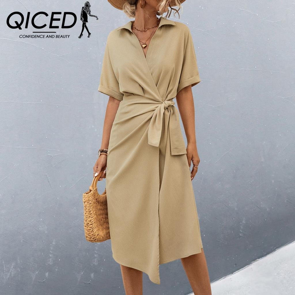 QICED Jednobarevný potisk jaro léto dámské zavinovací šaty s krátkým rukávem s výstřihem do V