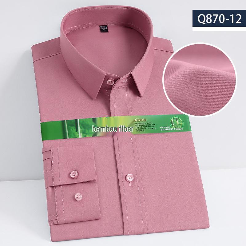 Men's Long Sleeve Bamboo Fiber Slim Fit Shirt - Solid Color, Iron-Free, Micro-Elastic.