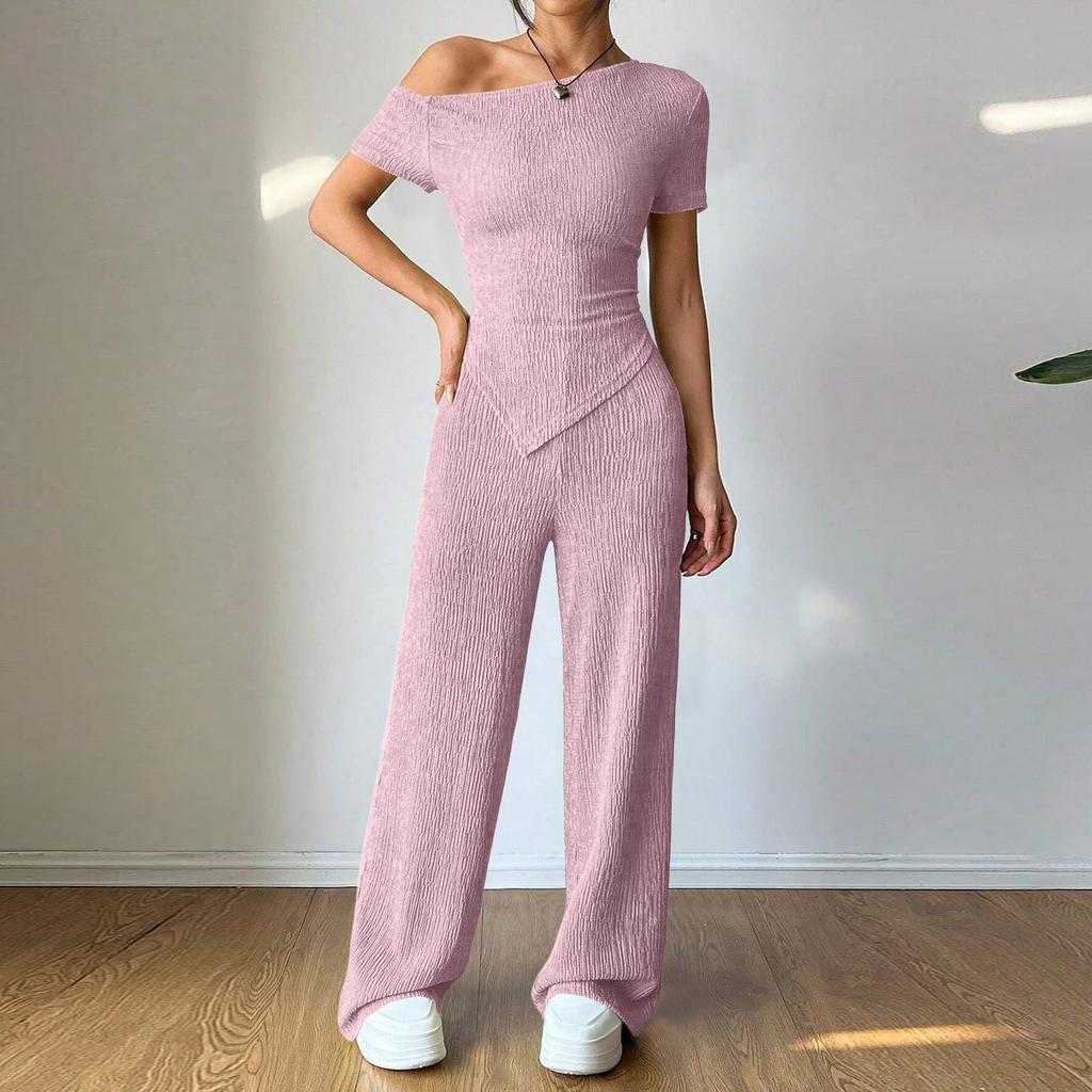 Damen Sets Ein Schulter T-Shirt Und Weitbeinige Hose Mit Niedriger Taille Set