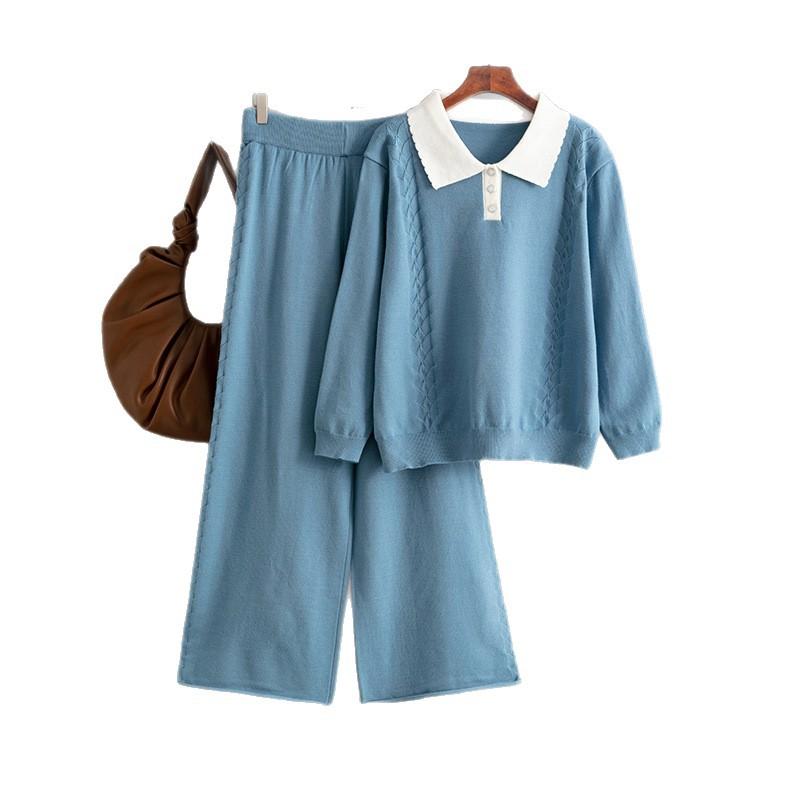 A New Autumn and Winter Fashion Set Featuring Polo Collar, Two-piece Loose Sweater, Casual Pants and Wide-leg Pants