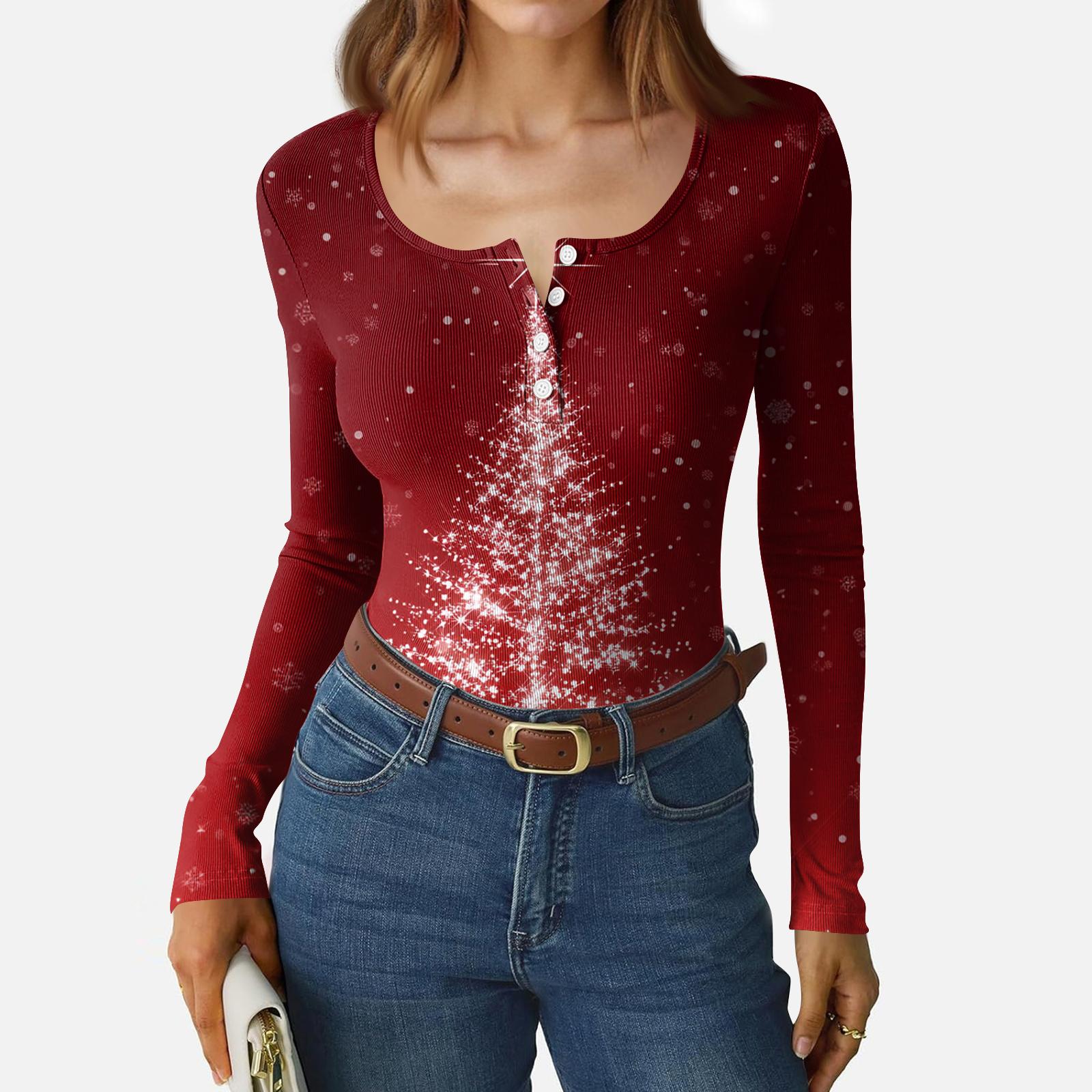 

Women s Casual Fashion Christmas Print Button Long Sleeve Top XXL винный